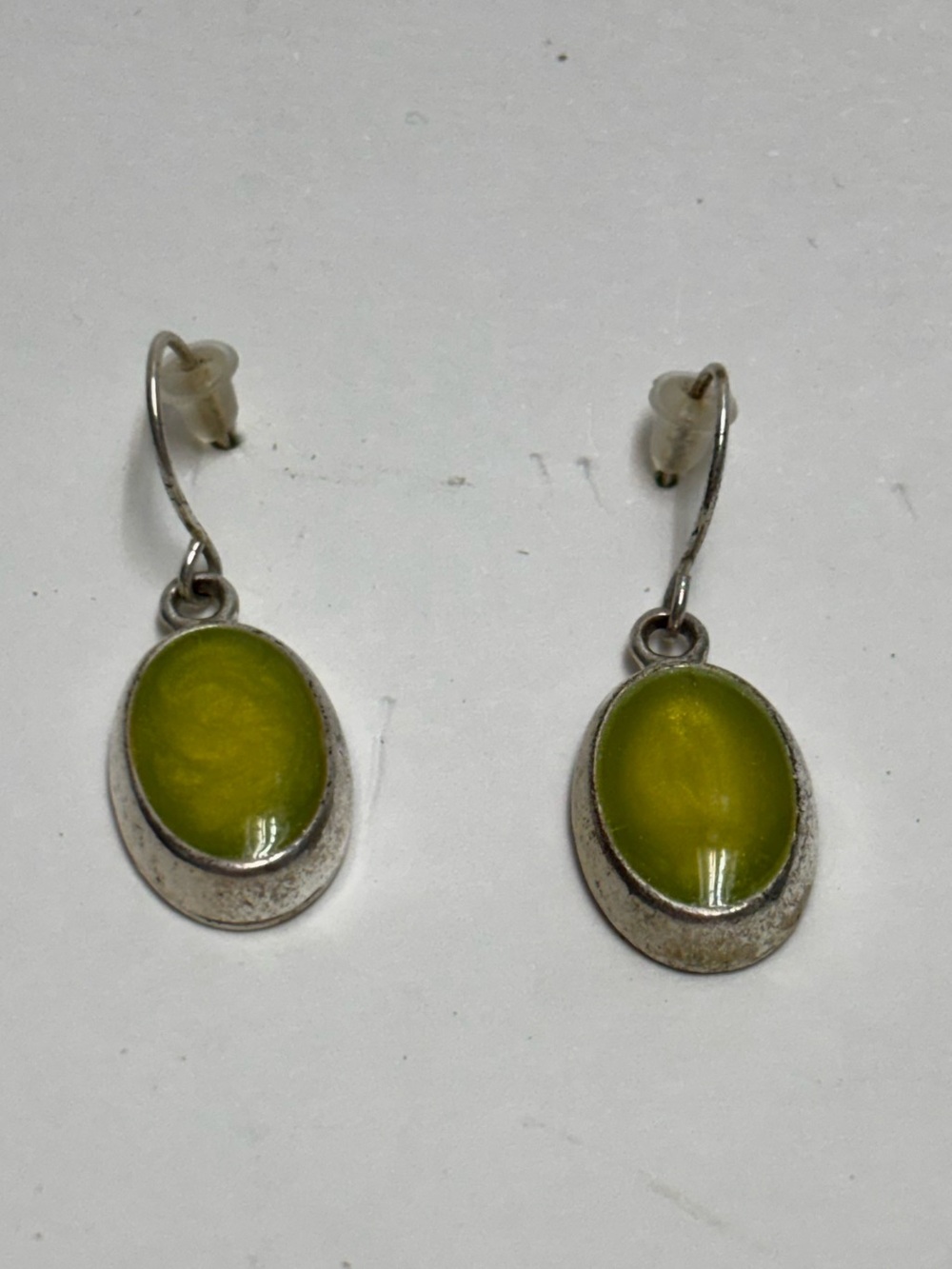 Vintage Sterling Silver Drop Earrings Lime Green Oval Stones stamped Kinney Co
